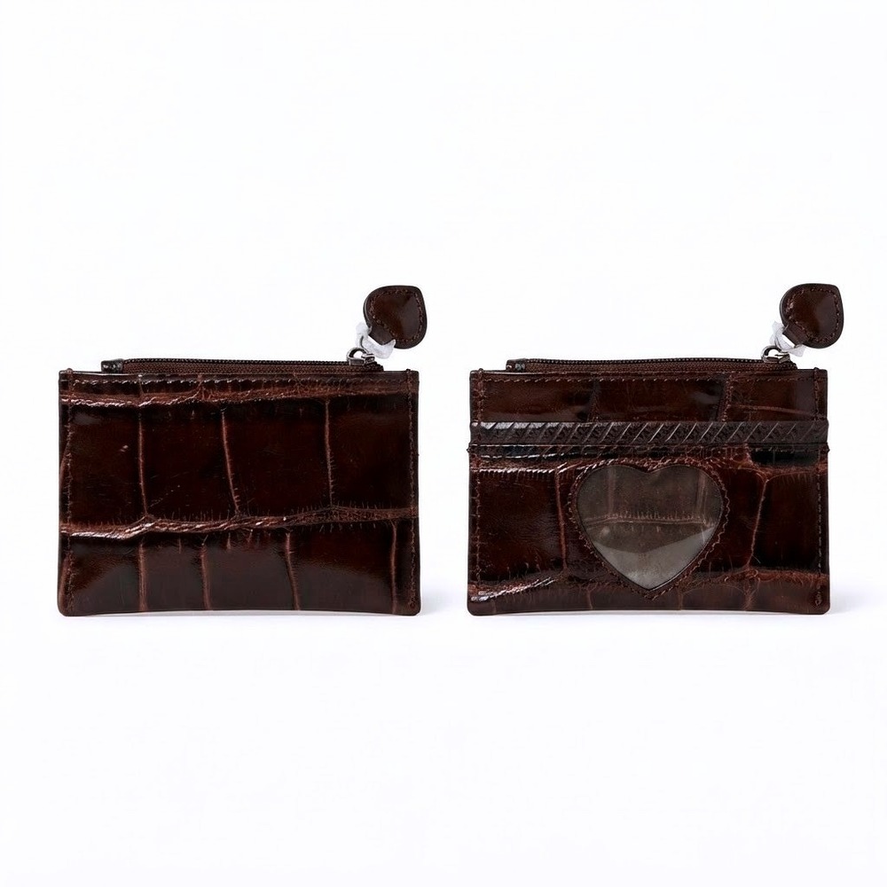 Brighton Brown‎ Croc Embossed Leather Heart ID Window Card Case Zip Wallet